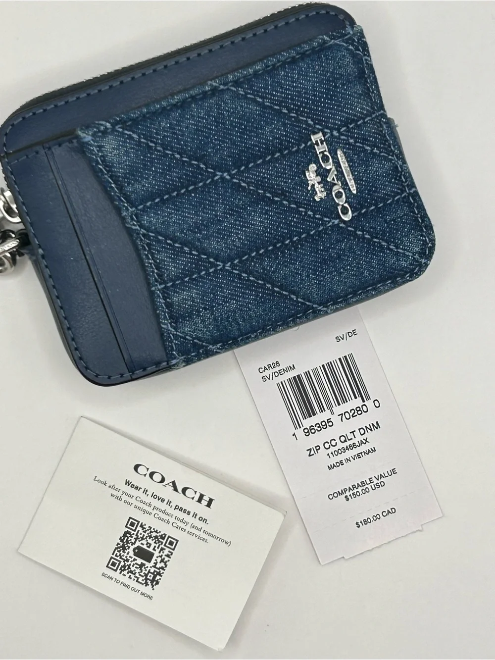 Coach Quilted Denim Card Holder with Silver Chain - Blue